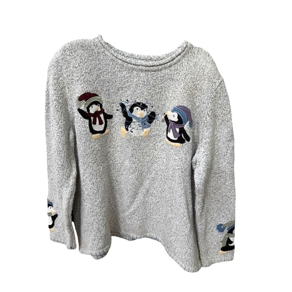 CJ Banks Sweater Womens SZ 2X Gray Knit Hand Embroidered Penguin Christmas Retro
